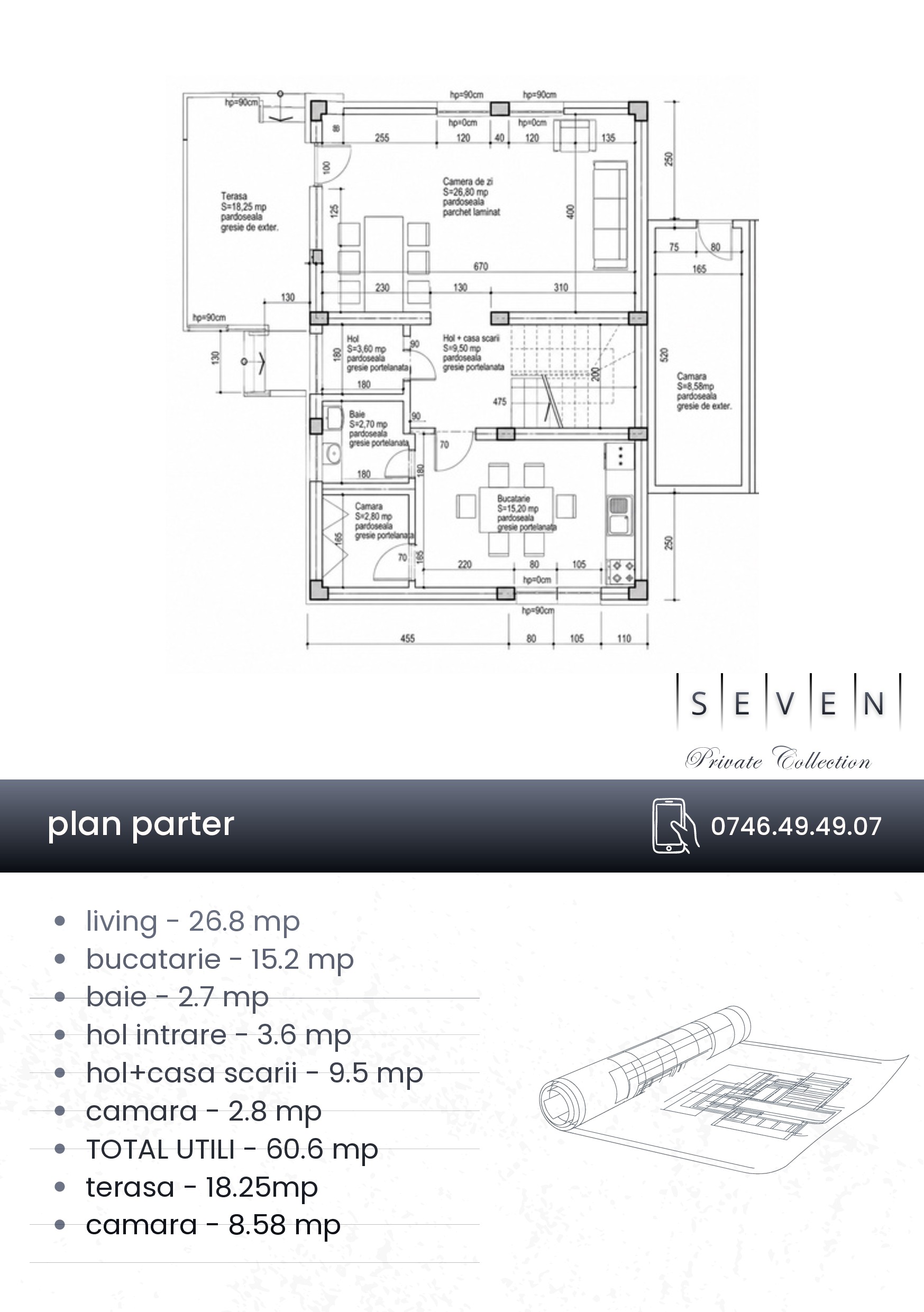 Plan parter — living, bucătărie închisă, baie, terasă acoperită
